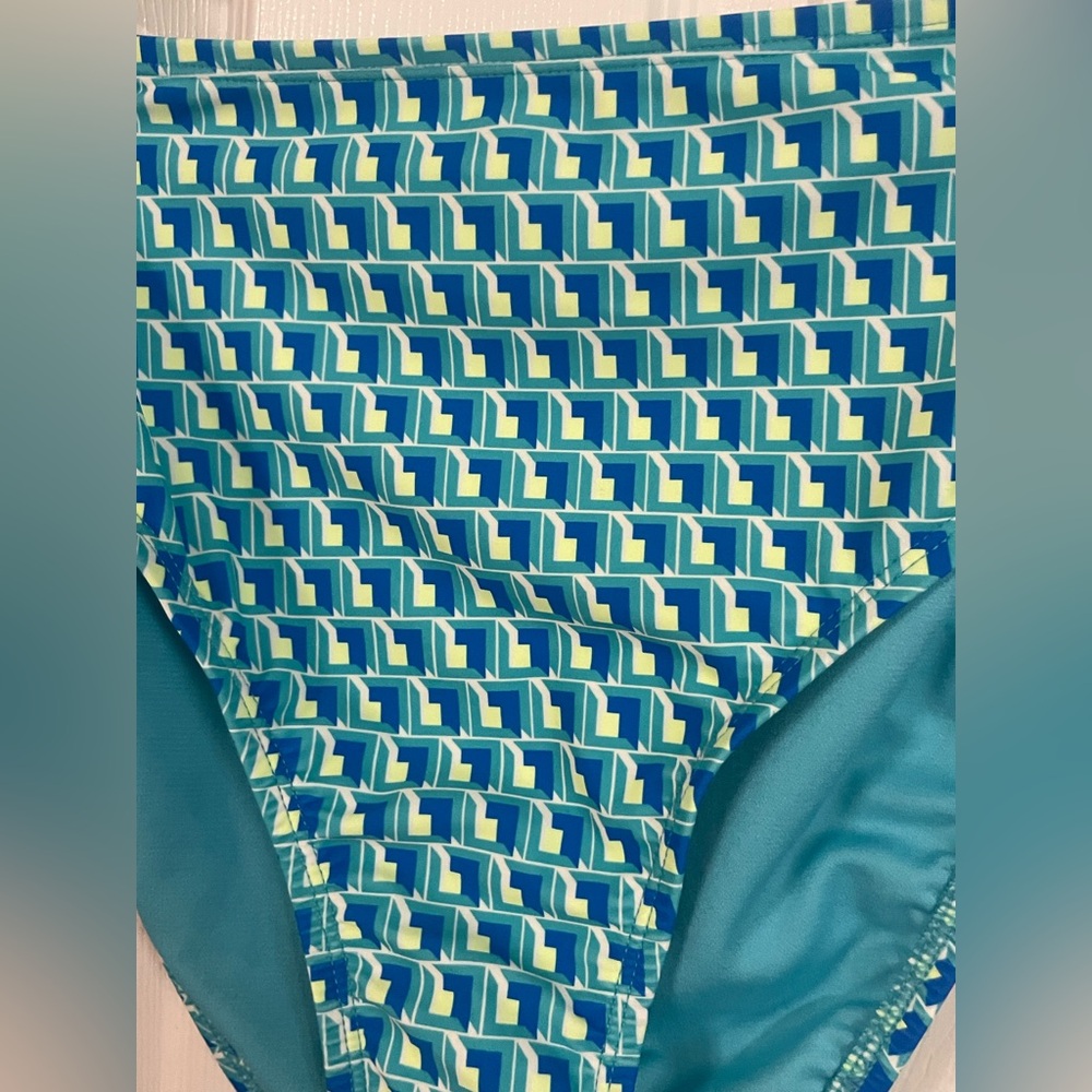 NWT Time and Tru High Waist Geo Print Bikini Bottoms Large 12-14 Teal Moon - Picture 7 of 11